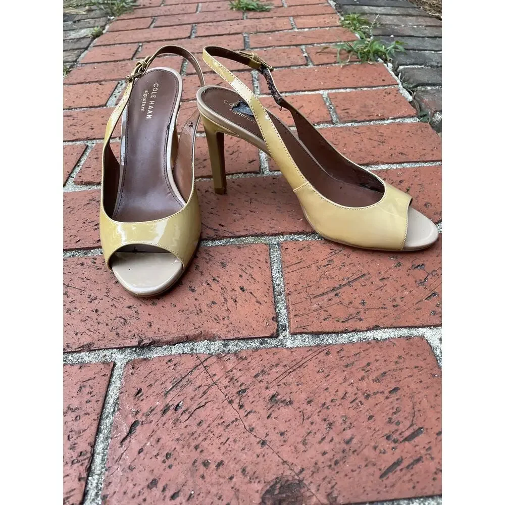 Cole Haan Signature Patent Leather Peep Toe Slingback Heels Tan Women's Size 7B